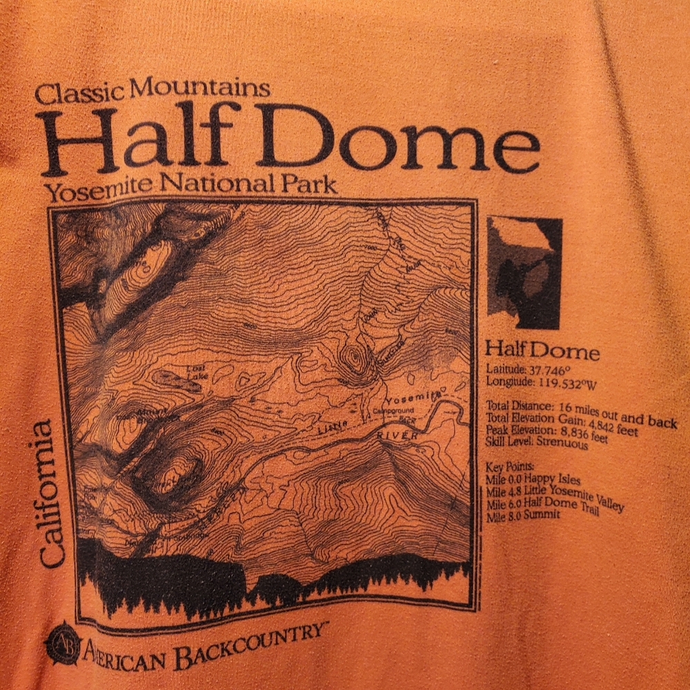 Classic Mountain Half Dome Elevation Map Moisture Wicking Tshirt sz. L
